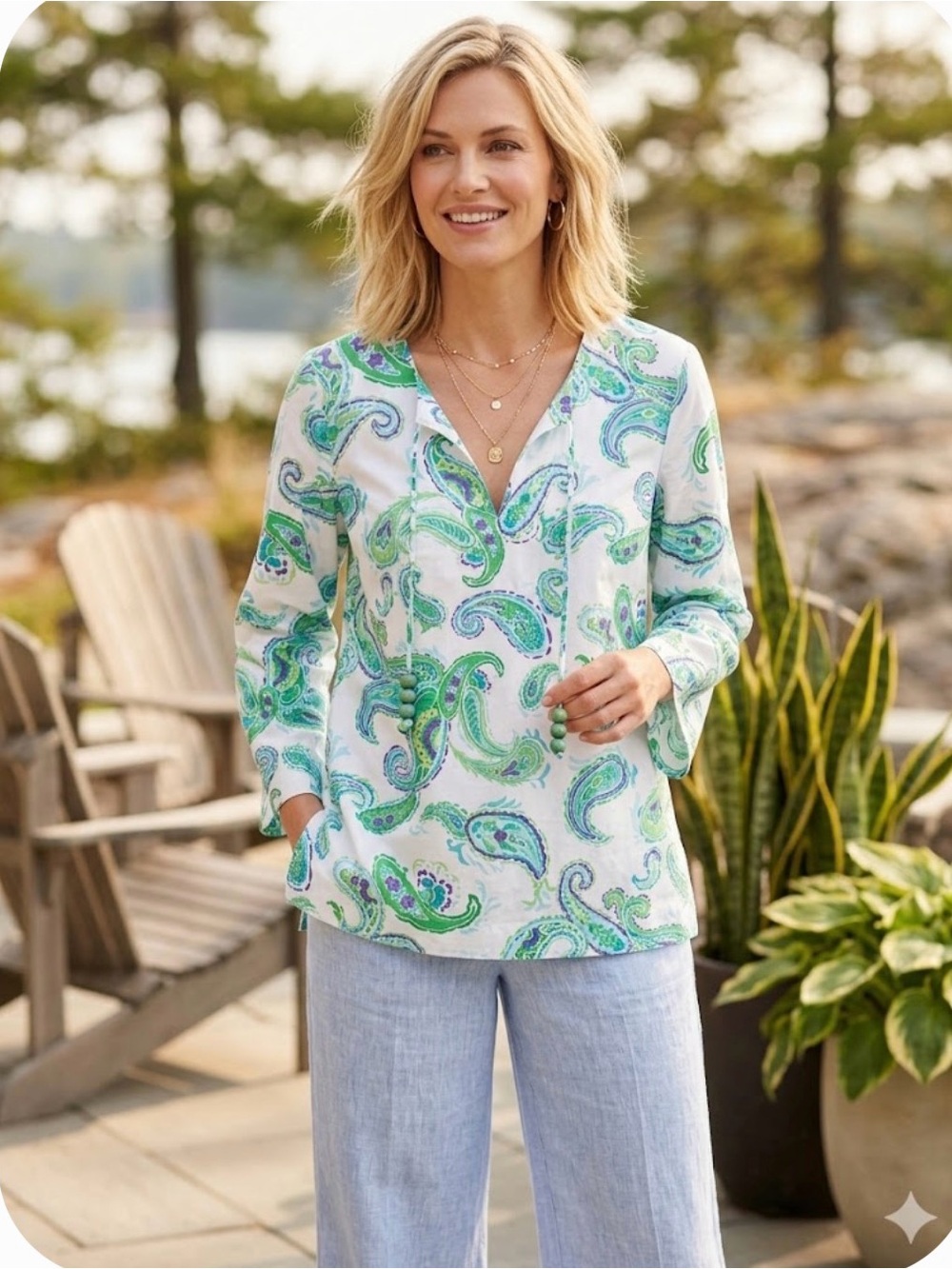 Jones New York Signature Cotton Paisley Beaded Tunic Blouse